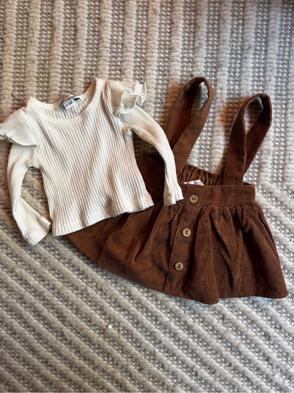 Children's Cream Ribbed Ruffle Long Sleeve Top & Brown Corduroy Button Skirt Set